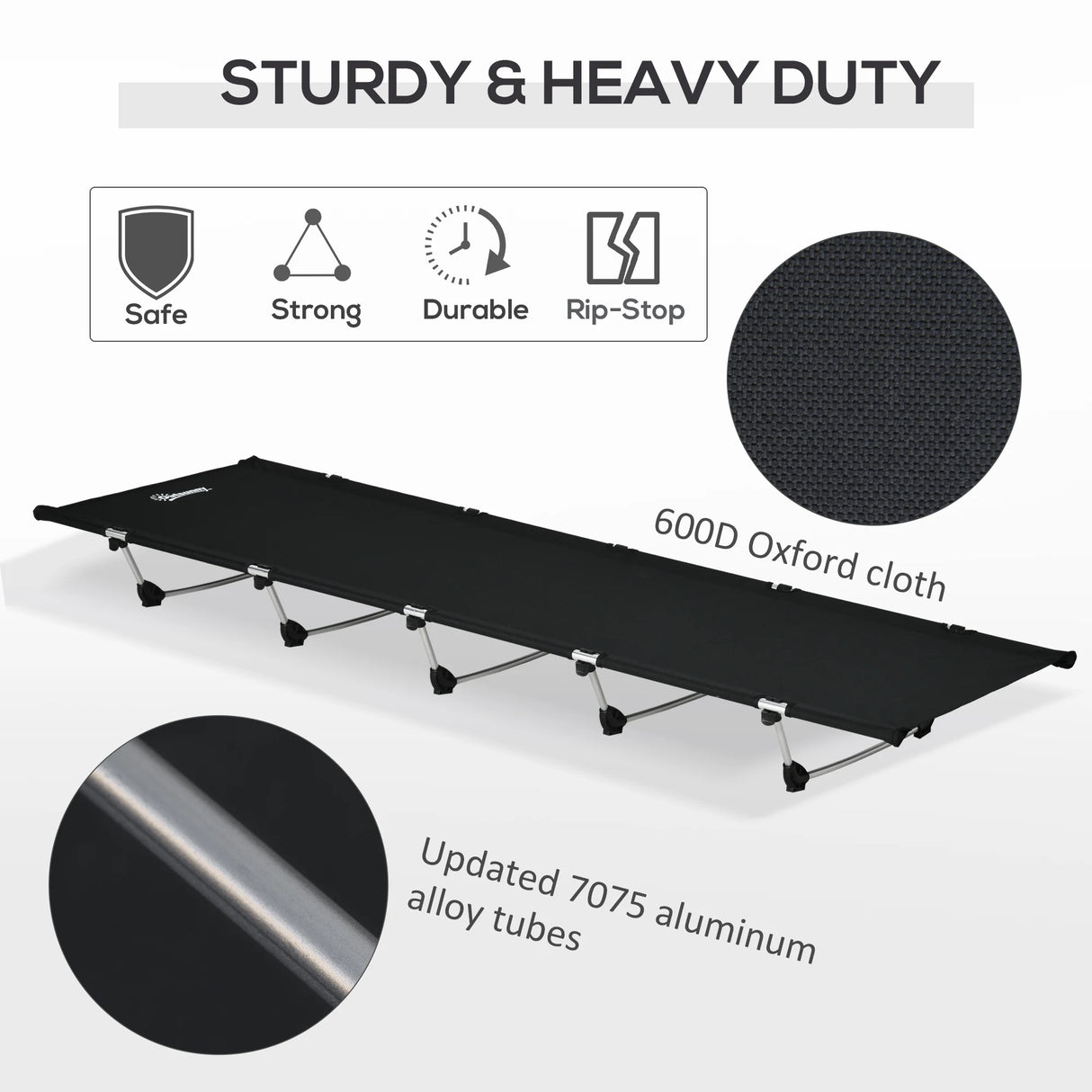 Outsunny Lightweight Camping Bed, Aluminium Portable Camp Cot w/ Strong Support 150kg and Carry Bag for Camping, Black