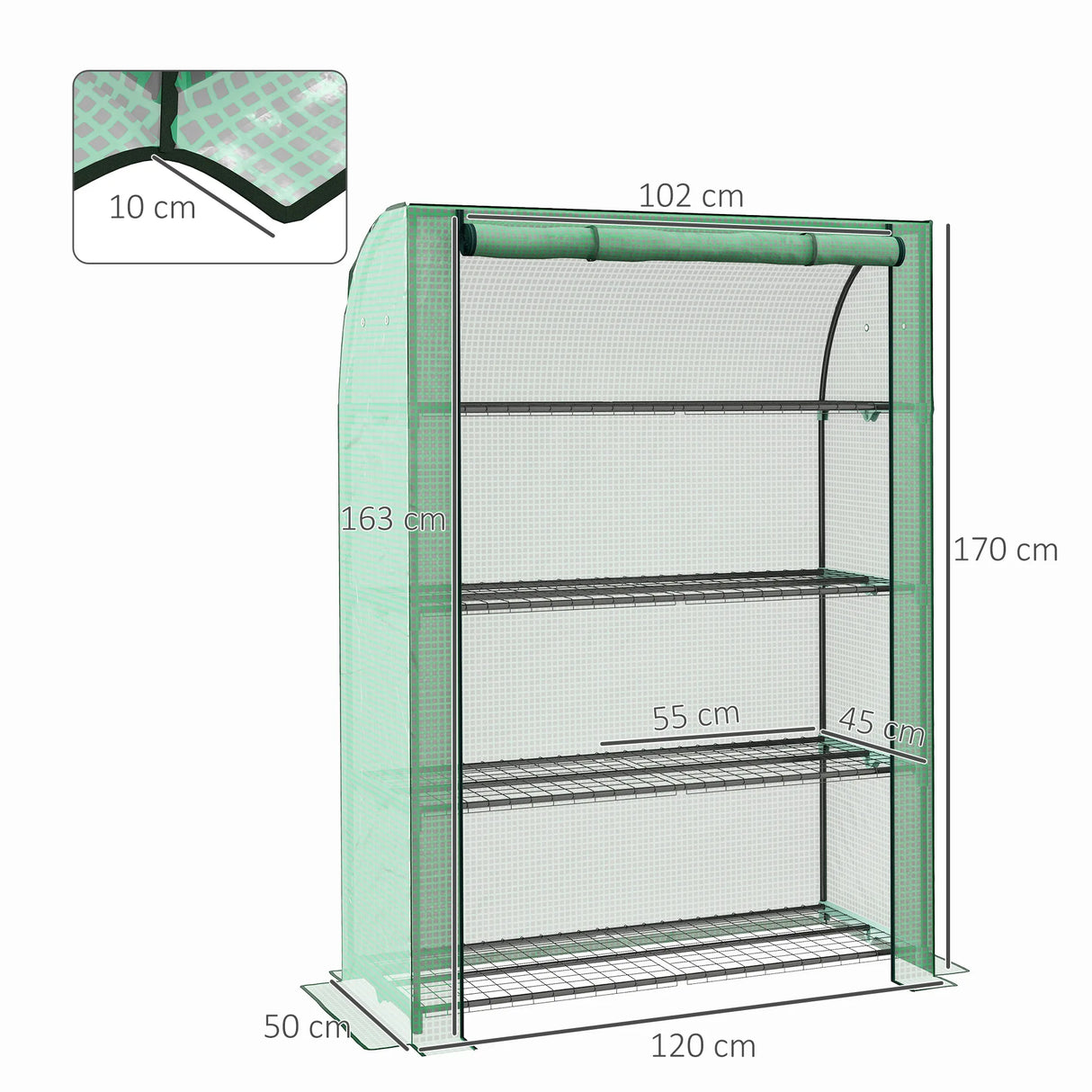 Outsunny 4 Tier Mini Greenhouse with Reinforced PE Cover, Portable Indoor Outdoor Green House with Roll-up Door and Wire Shelves, 170H x 120W x 50Dcm, Green