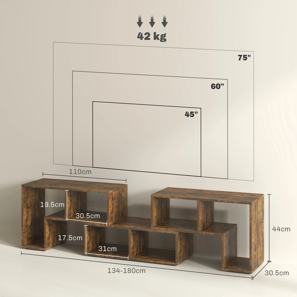HOMCOM Three-Block Modular TV Stand - Rustic Brown