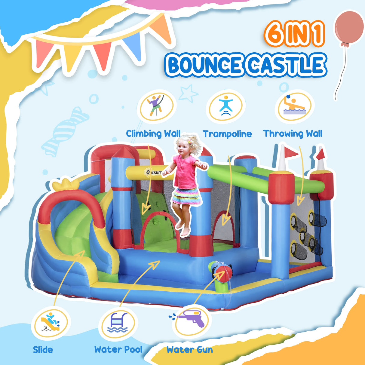Outsunny 6 in 1 Kids Bouncy Castle, with Water Slide, Water Gun, Climbing Wall, Air Blower for Indoors/Outdoors, 3.9 x 3 x 2m
