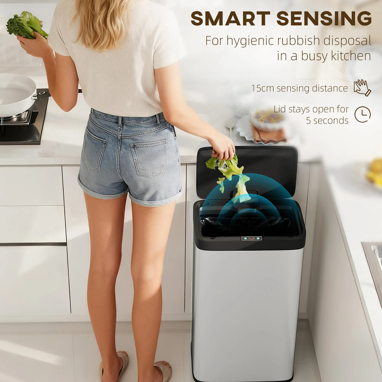 HOMCOM 45L Stainless Steel Sensor Bin - Silver Tone