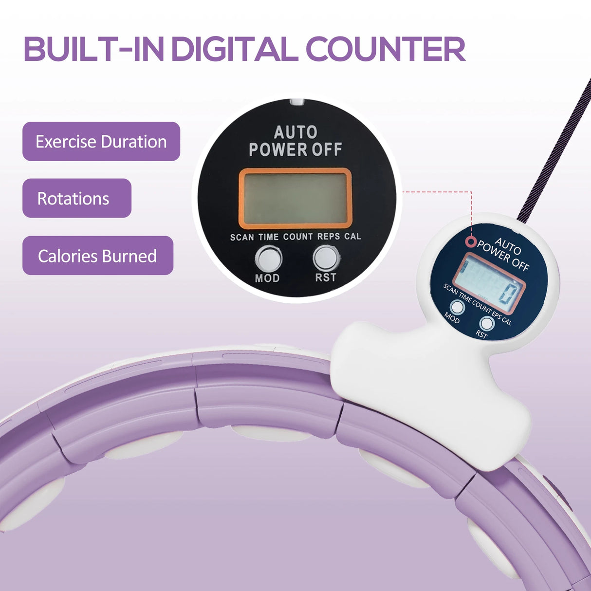 SPORTNOW Smart Weighted Hula Hoop, Massage Hula Ring w/ 16 Detachable Knots, 360 Auto-Rotating Ball, Digital Counter, Purple