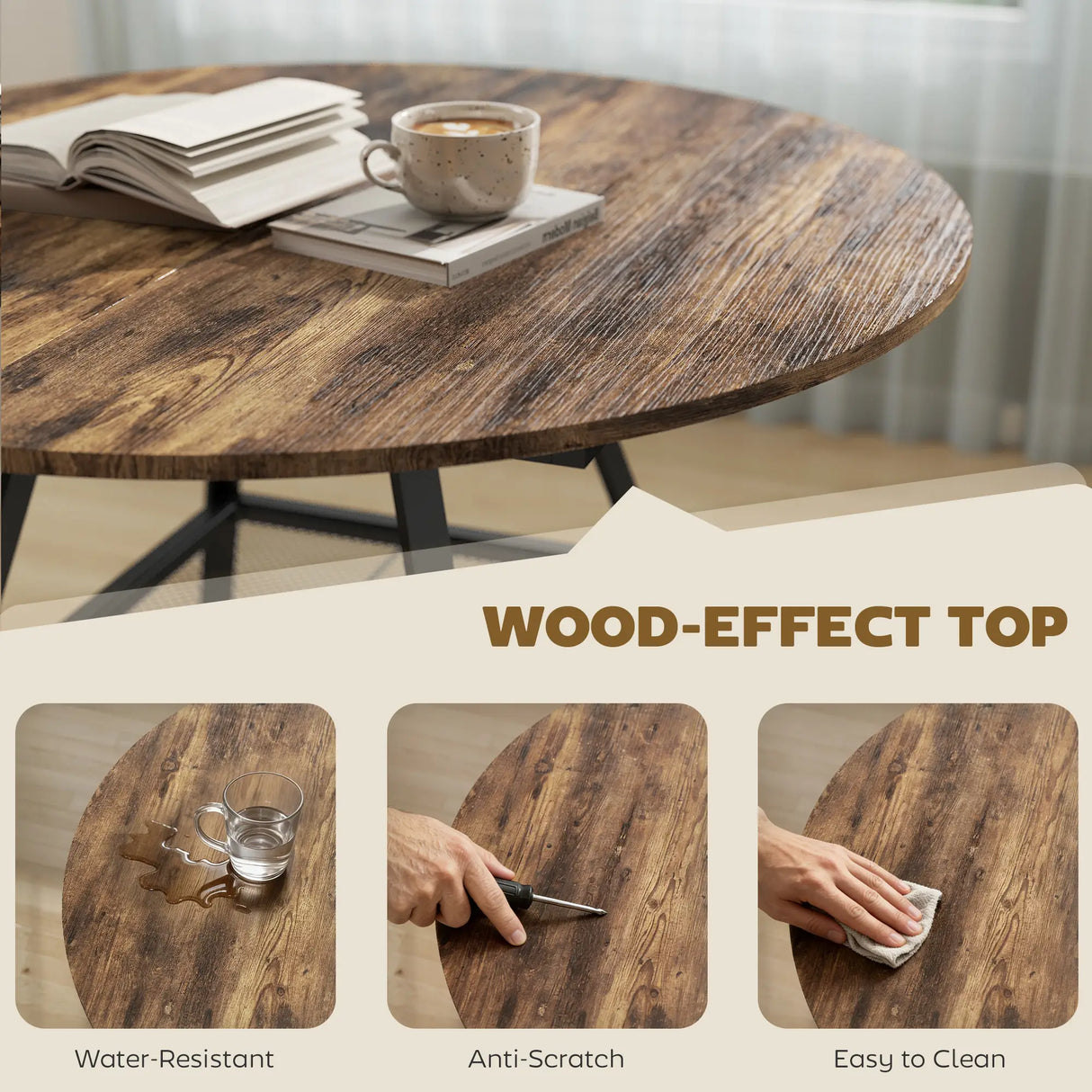 HOMCOM Dining Table for 4 People, 100 cm Round Industrial Kitchen Table with Storage Shelf, Rustic Brown