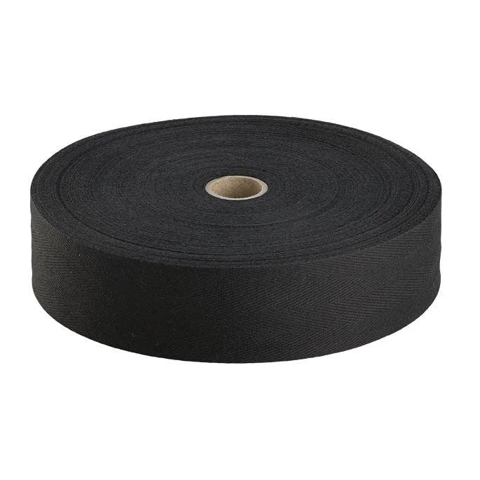 38mm Black Herringbone Cotton Tape 50m Reel