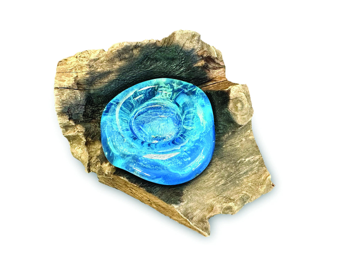 Root With Glass Candle Holder - Blue Stained Single