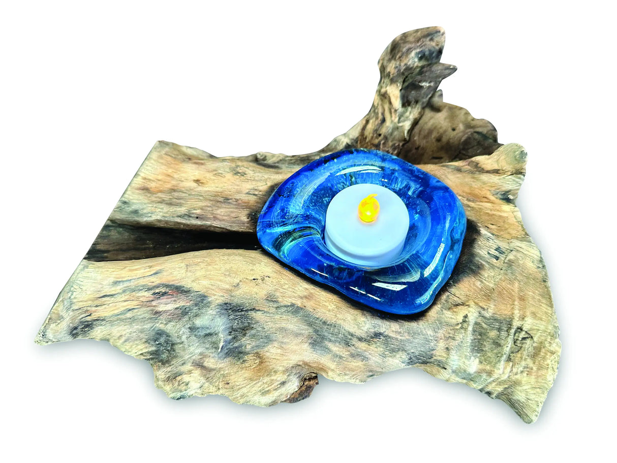 ROOT WITH BLUE STAINED GLASS CANDLE HOLDER SINGLE