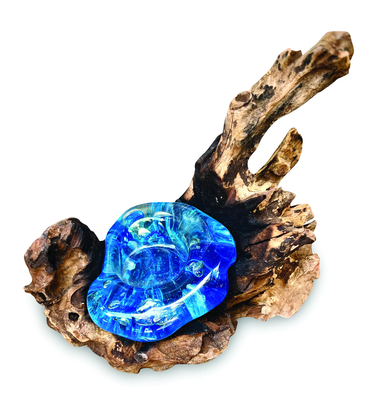 Root With Glass Candle Holder - Blue Stained Single
