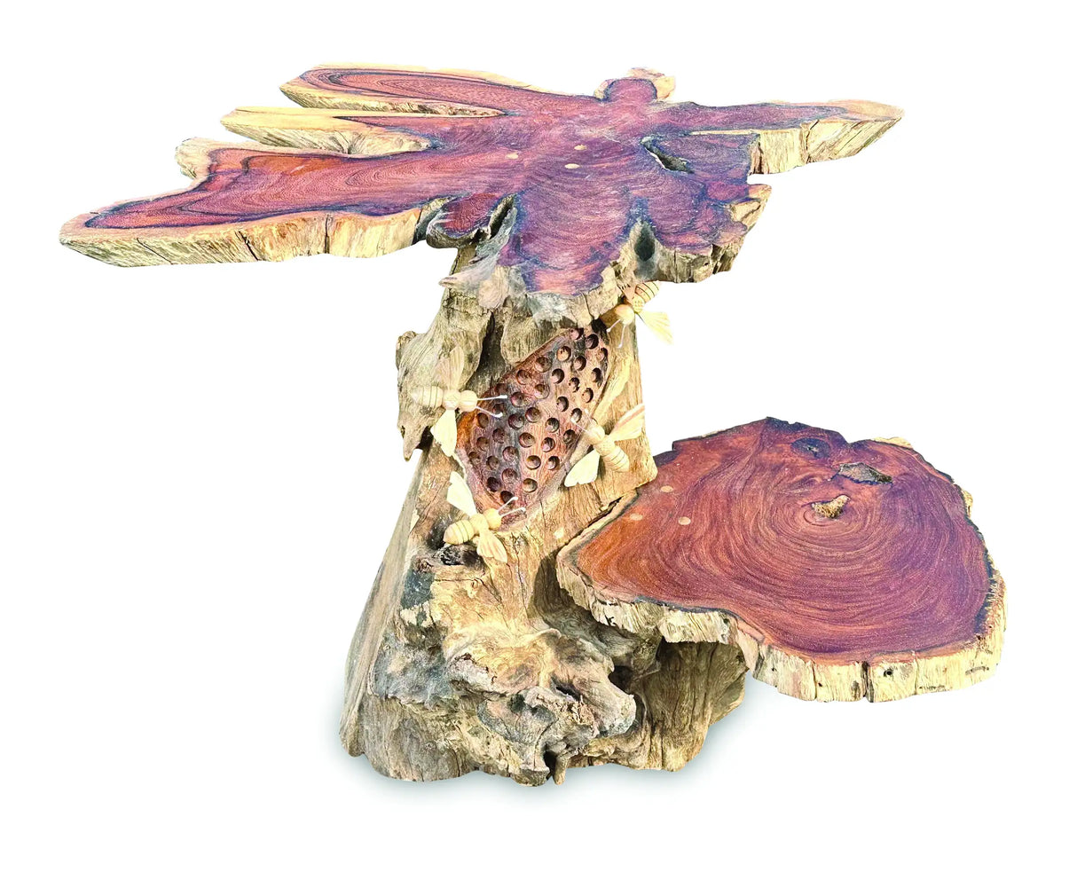 DRIFTWOOD BEE HIVE LAMP TABLE, 2 SHELVES, 4 BEES, 30CM.