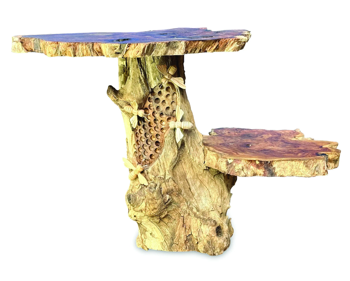 DRIFTWOOD BEE HIVE LAMP TABLE, 2 SHELVES, 4 BEES, 30CM.