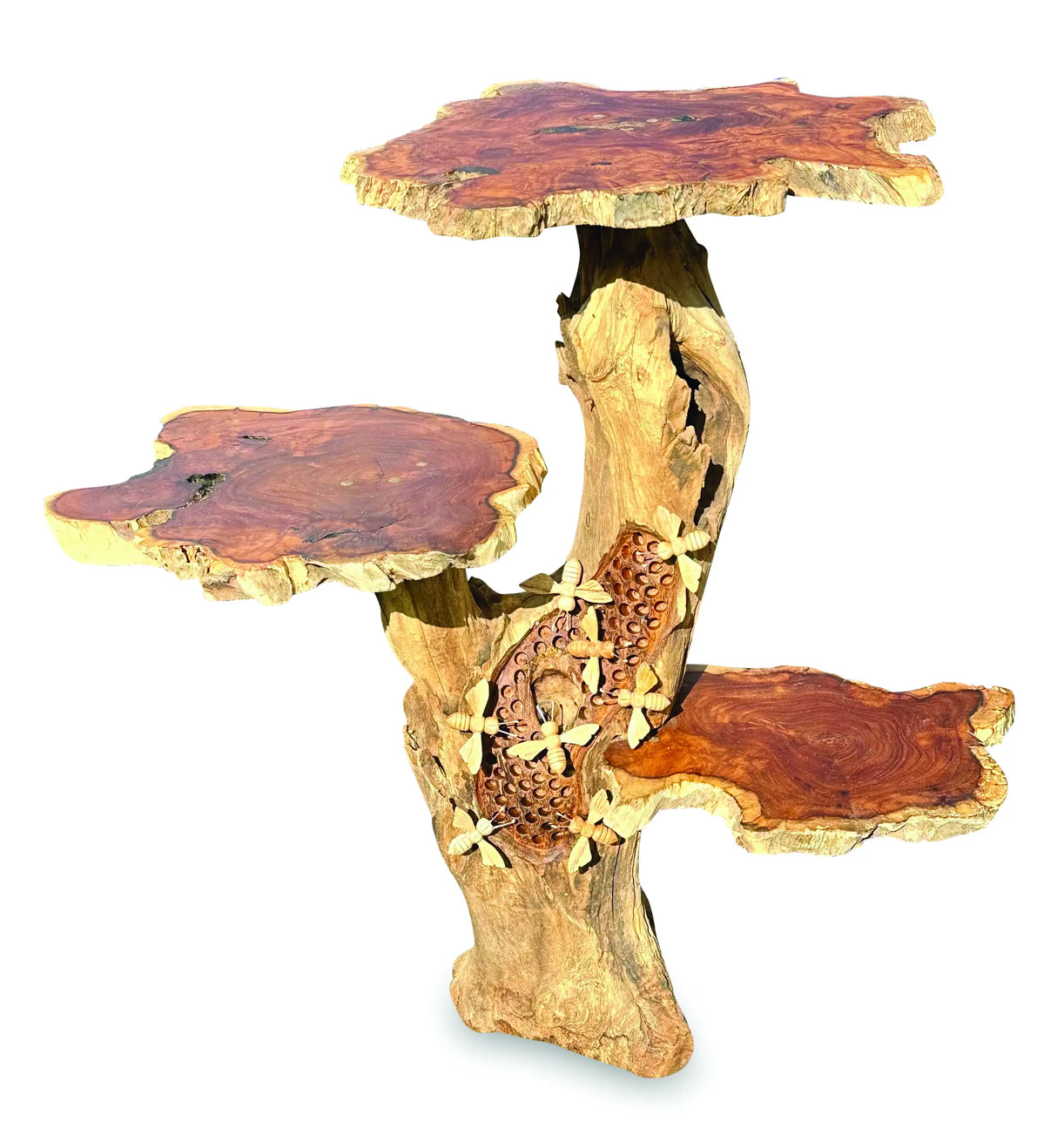 DRIFTWOOD BEE HIVE LAMP TABLE, 3 SHELVES, 8 BEES, 70CM.