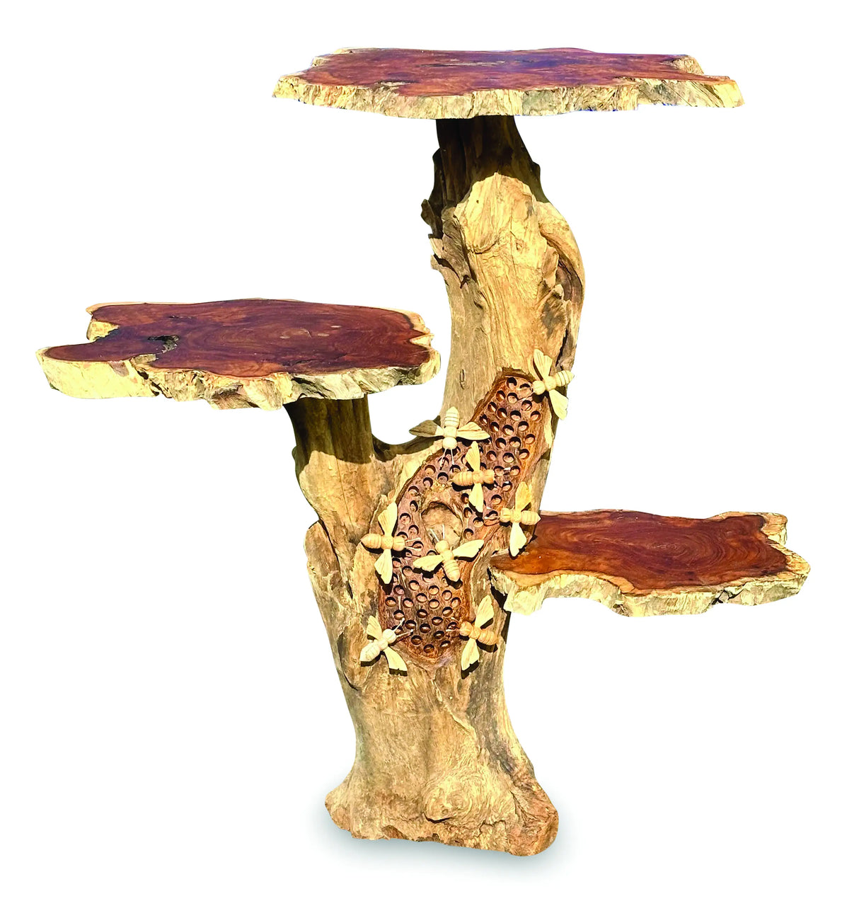 DRIFTWOOD BEE HIVE LAMP TABLE, 3 SHELVES, 8 BEES, 70CM.
