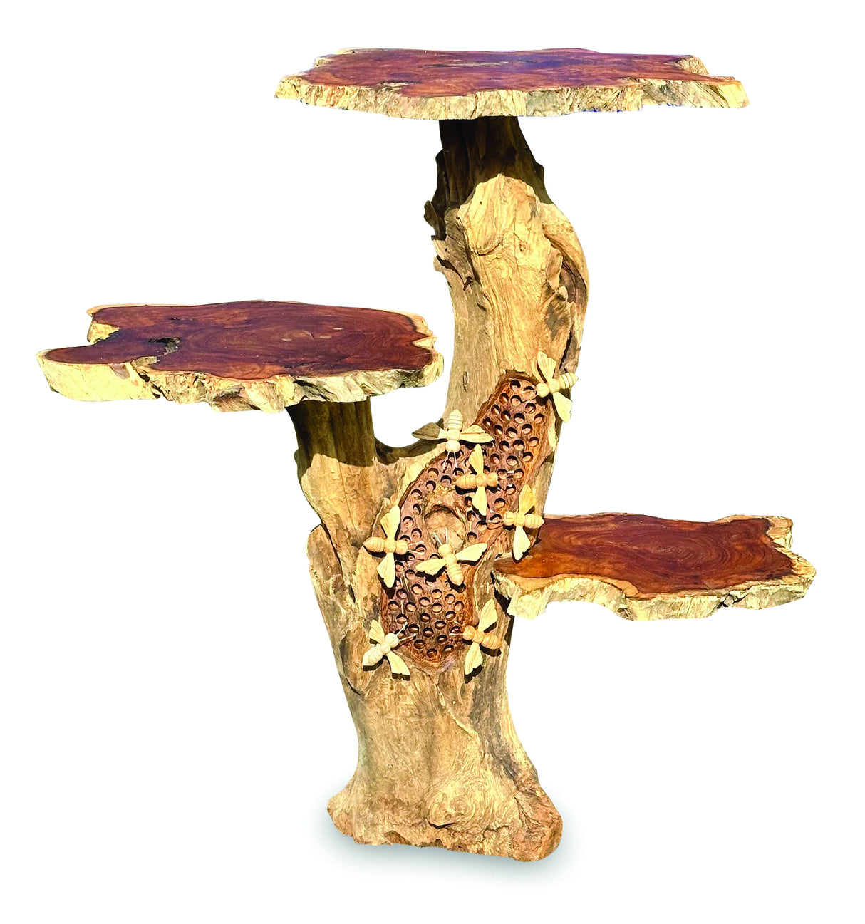 Driftwood Beehive Lamp Table, 3 Shelves, 8 Bees, 70cm
