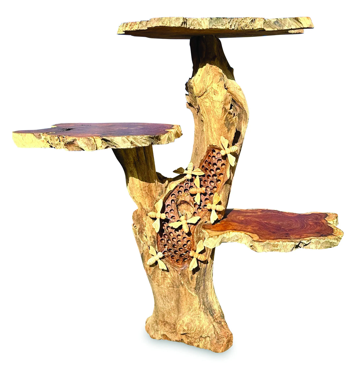 DRIFTWOOD BEE HIVE LAMP TABLE, 3 SHELVES, 8 BEES, 70CM.