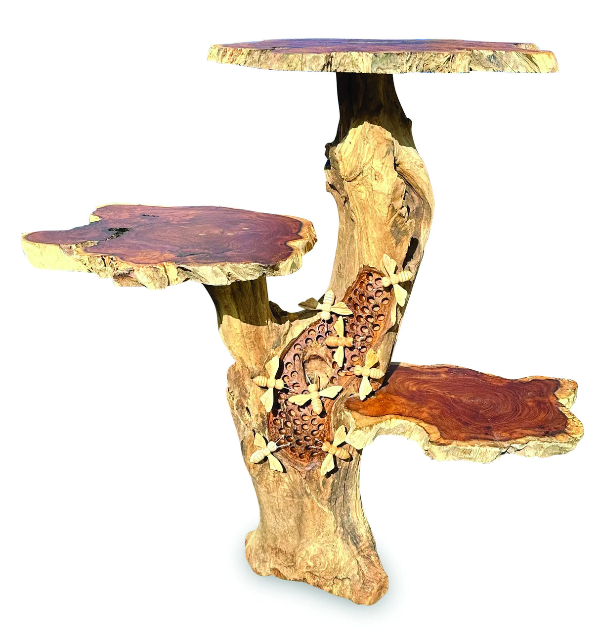 DRIFTWOOD BEE HIVE LAMP TABLE, 3 SHELVES, 8 BEES, 70CM.
