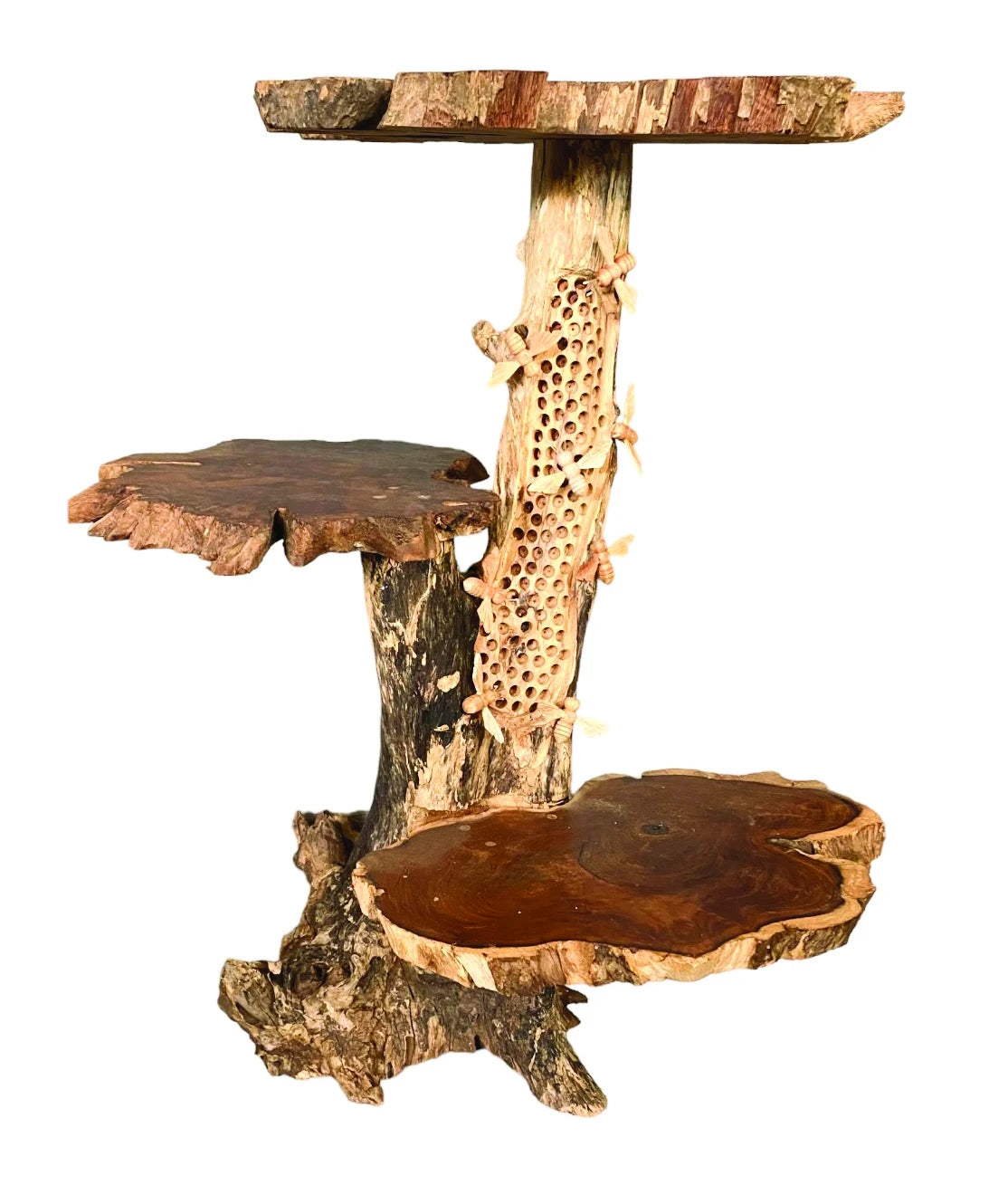 DRIFTWOOD BEE HIVE LAMP TABLE, 3 SHELVES, 8 BEES, 70CM.