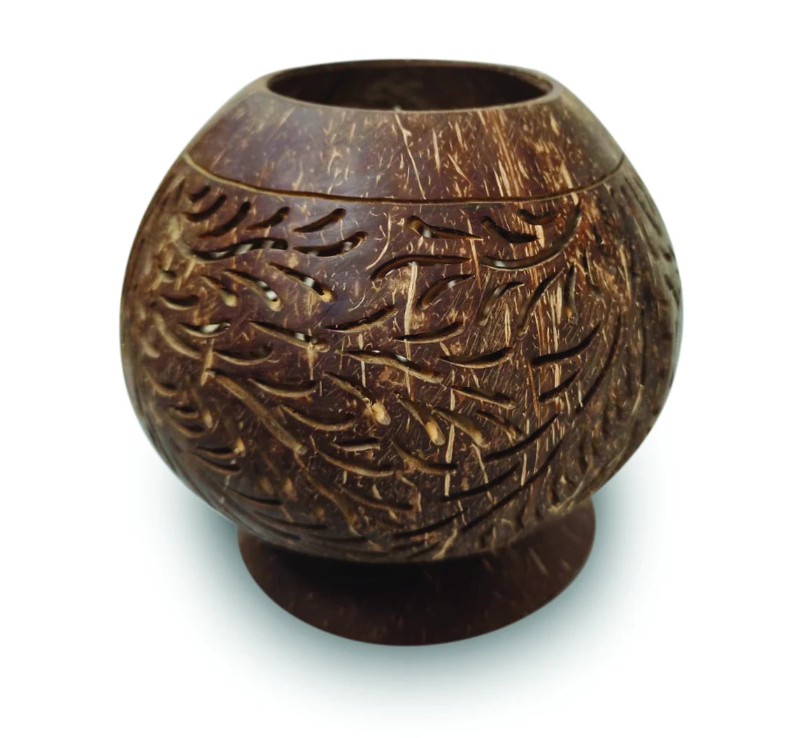 COCONUT SHELL SPHERE PHOENIX STYLE INTRICATE CARVING