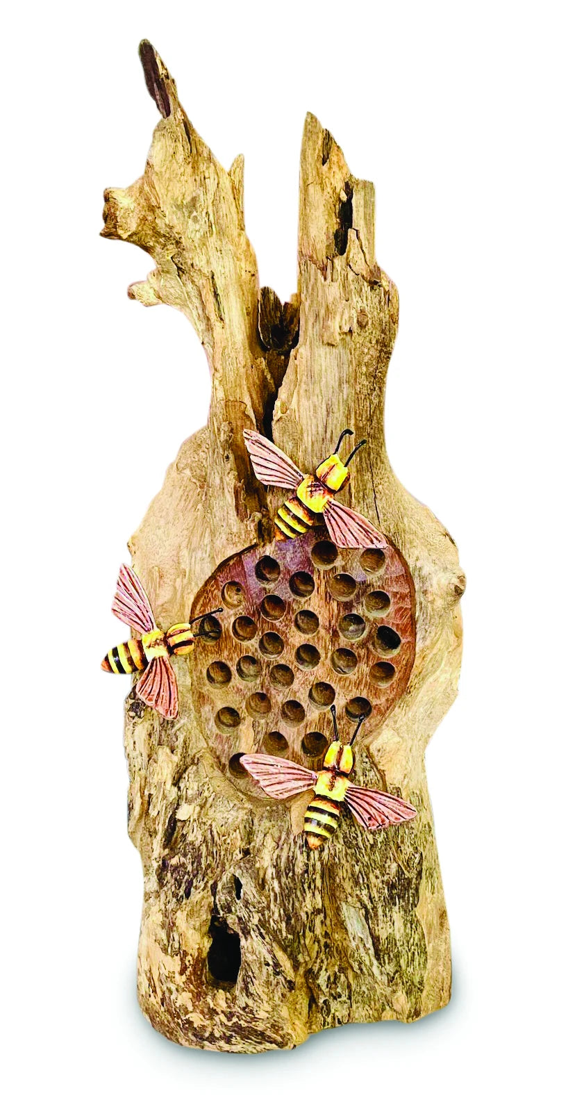 25cm BEE HOTEL SCULPTURE WITH 3 HAND PAINTED BEES
