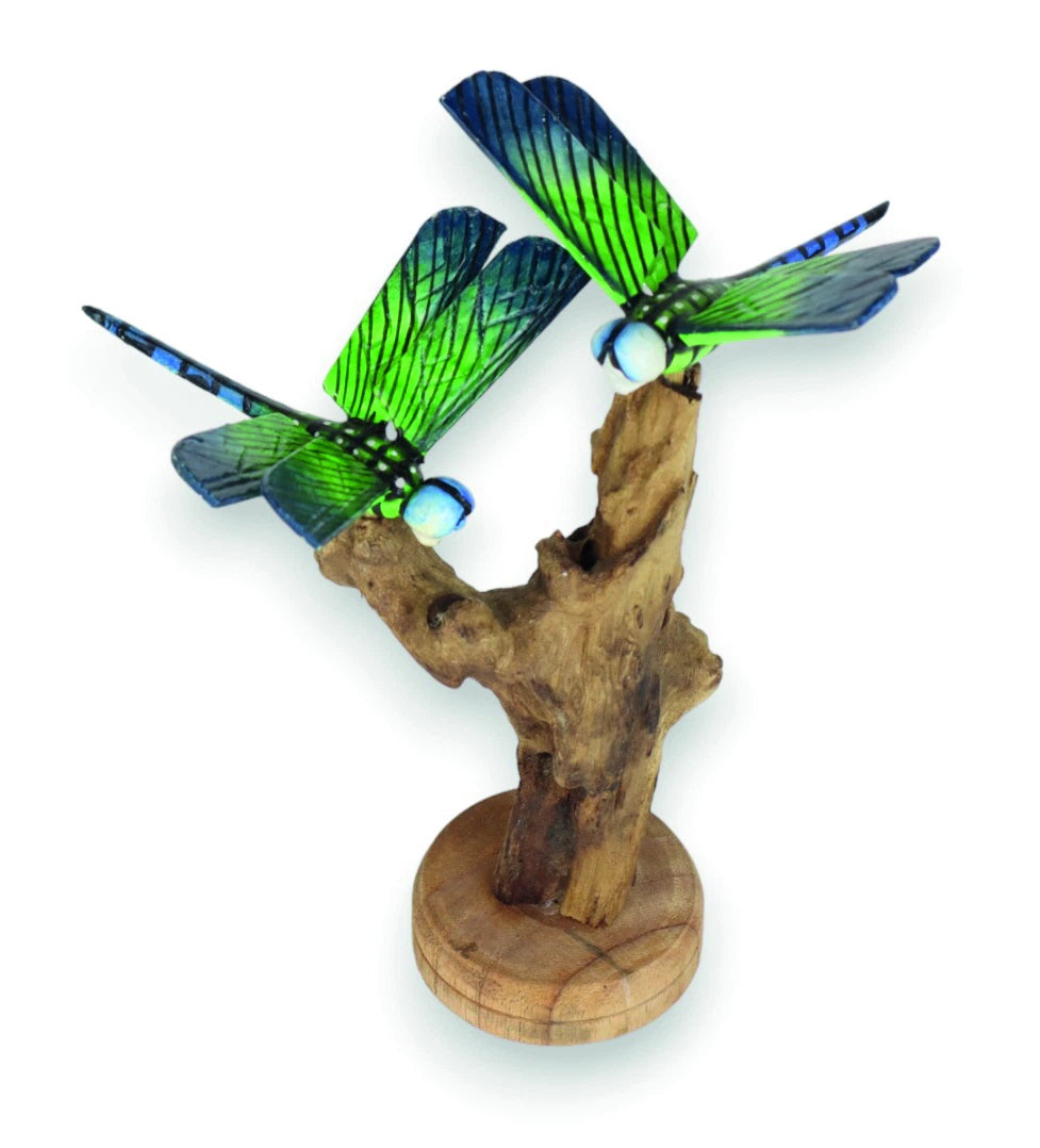 Double Emperor Dragonfly On Driftwood H18cm