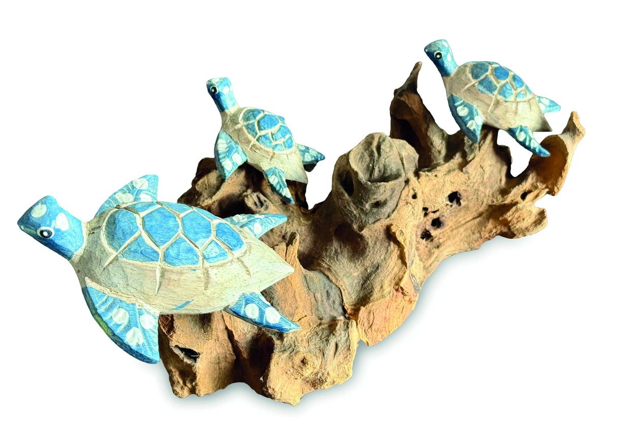 3 SWIMMING TURTLES ON CORAL