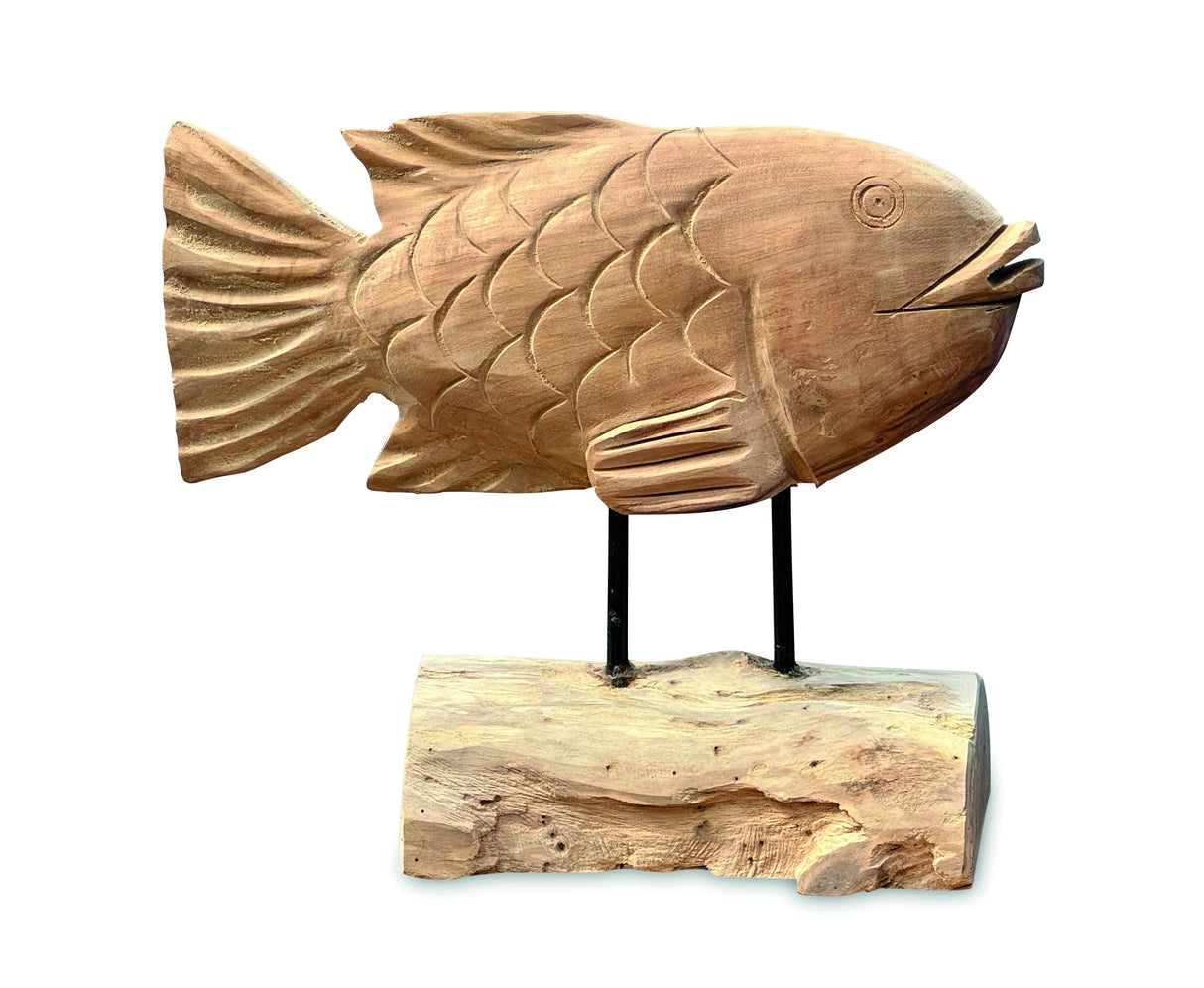 Teak Carp Fish On Stand 32cm