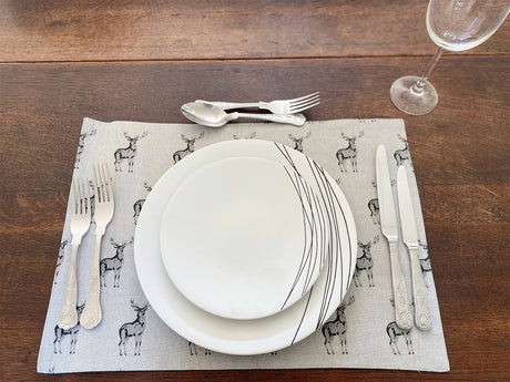 Set of 2 Grey Stag Print Fabric Place Mats