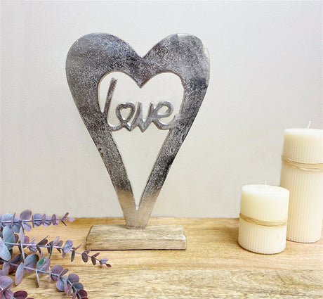 Metal Silver Heart Love On A Wooden Base Large