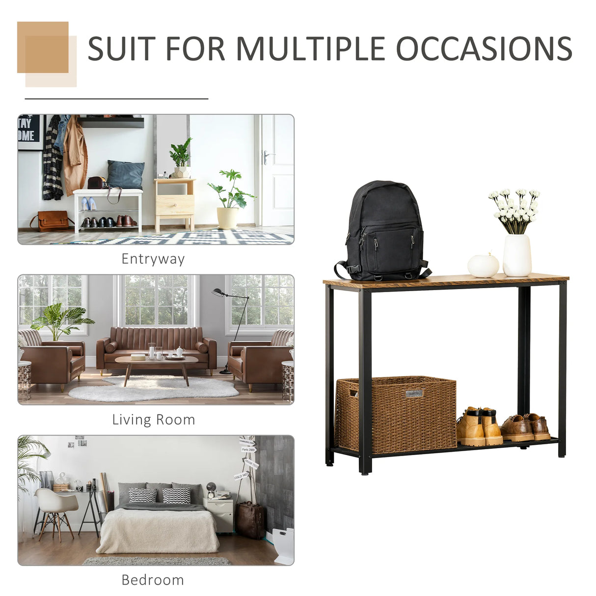 HOMCOM Industrial Console Table14Entryway Table w/Bottom Mesh Shelf Metal Frame Vintage Sofa Table for Hallway, Living Room, Rustic Brown