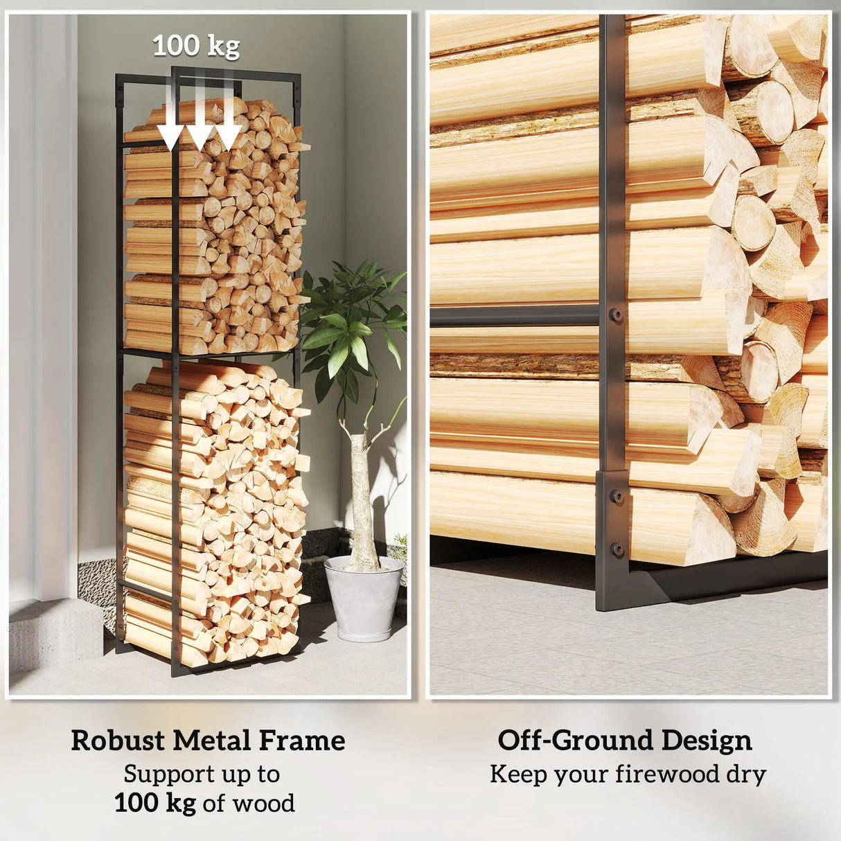 Outsunny Metal Firewood Log Holder, Heavy Duty Firewood Rack with Adjustable Shelf, Indoor Outdoor Fireplace Wood Storage Shelf, 45 x 31 x 170 cm, Black