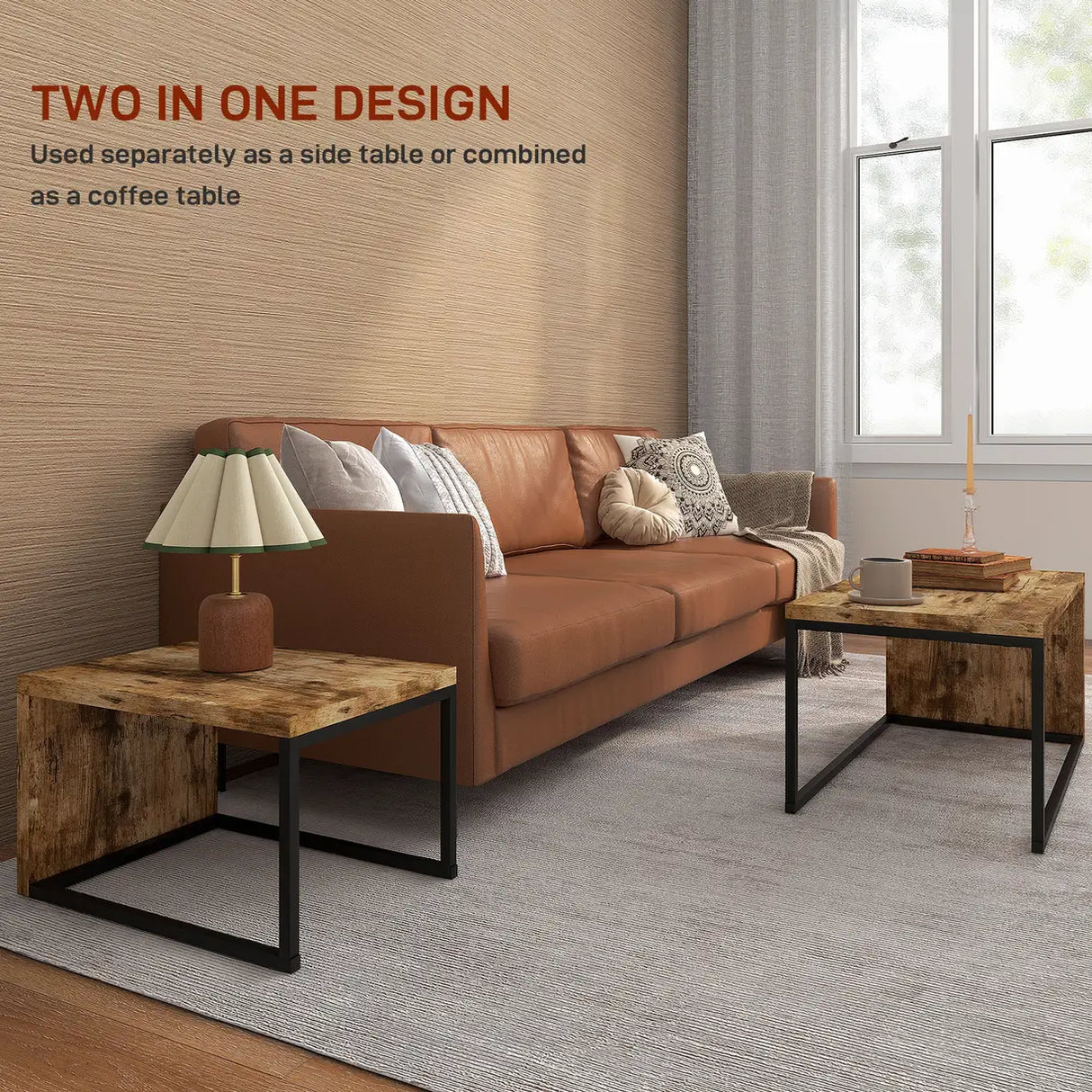 HOMCOM Coffee Tables Set of 2, Industrial Nest of Tables with Metal Frame for Living Room Bedroom, Rustic Brown