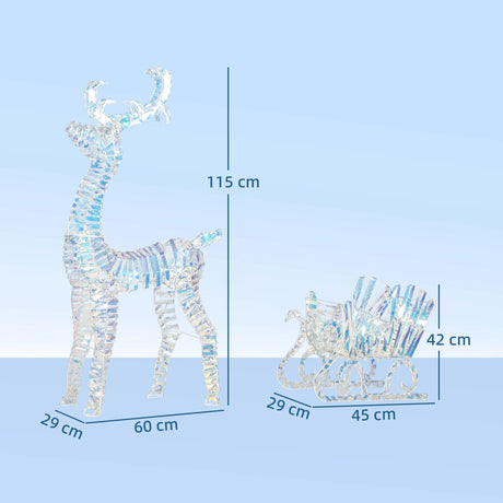 Outsunny Lighted Christmas Reindeer with Sleigh, Outdoor Yard Reindeer with 170 Warm White LED Lights, Holiday Decor with Stakes, Waterproof, Silver