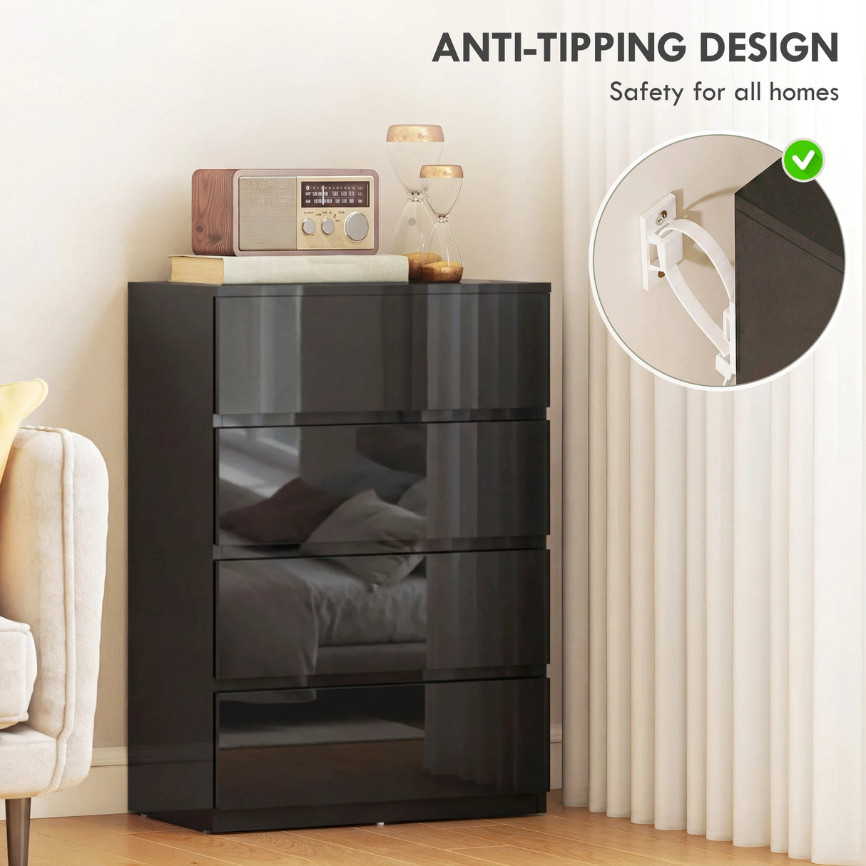 HOMCOM Chest of Drawers, 4-Drawer Storage Cabinets, Modern Dresser, Storage Drawer Unit for Bedroom