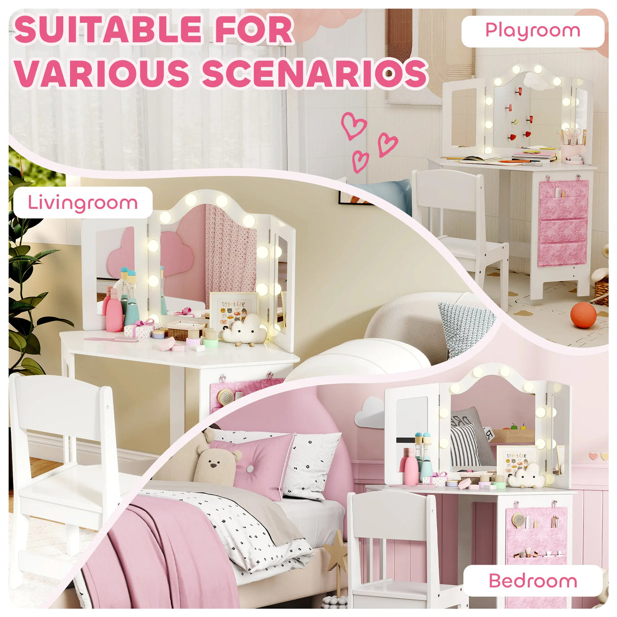 AIYAPLAY Kids Dressing Table and Stool Set, Girls Vanity Table with 2-Colour LED Lights, Tri-Folding Mirror, White