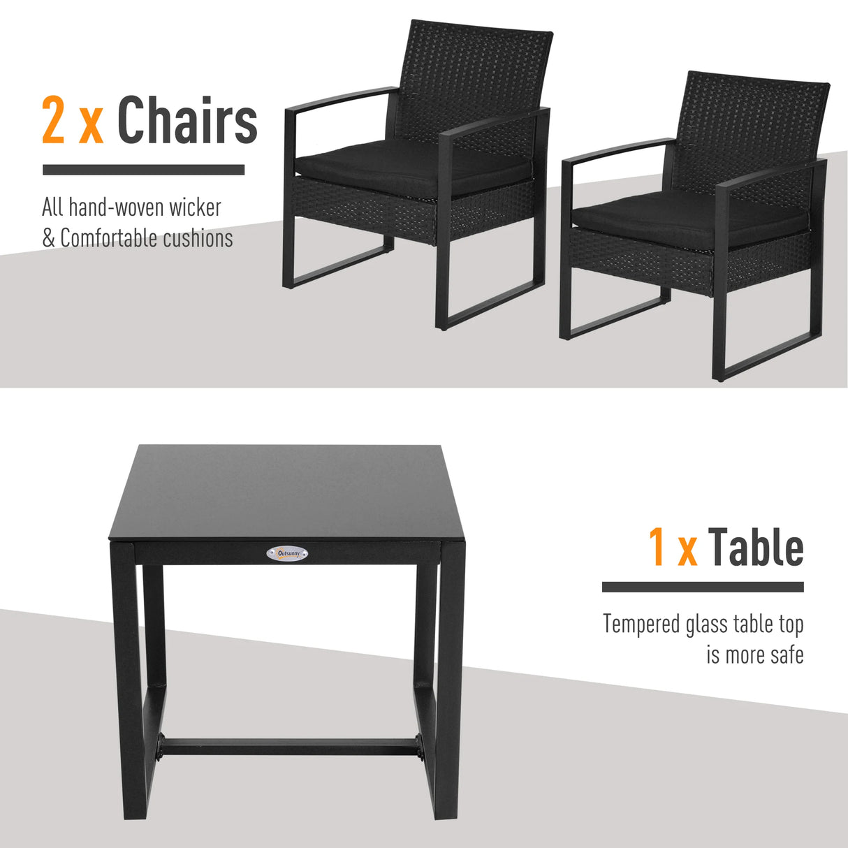 Outsunny 2 Seater Rattan Coffee Set-Black