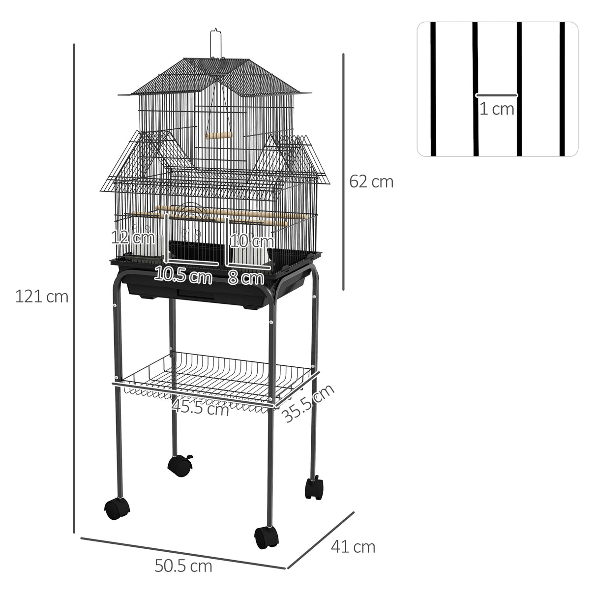 PawHut Metal Bird Cage with Plastic Swing, Perch, Food Container, Tray, Handle, for Finches, Canaries, Budgies, 43.5 x 33 x 121