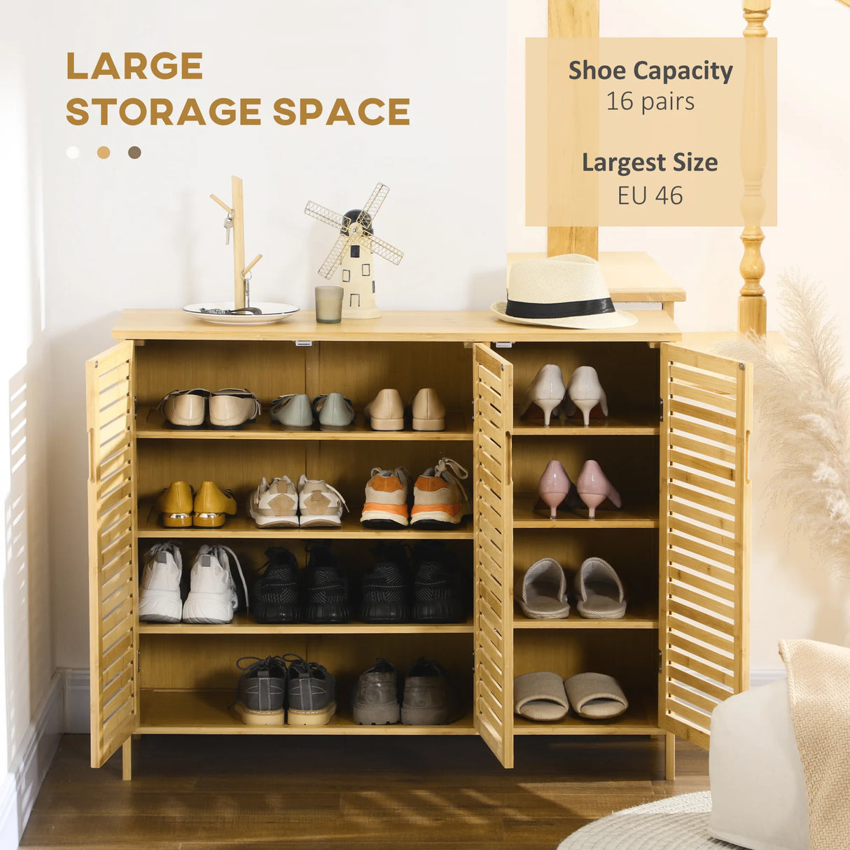 HOMCOM Rustic Shoe Cabinet, 3 Door Shoe Storage Cabinet with 8 Shelves, Natural Wood Finish