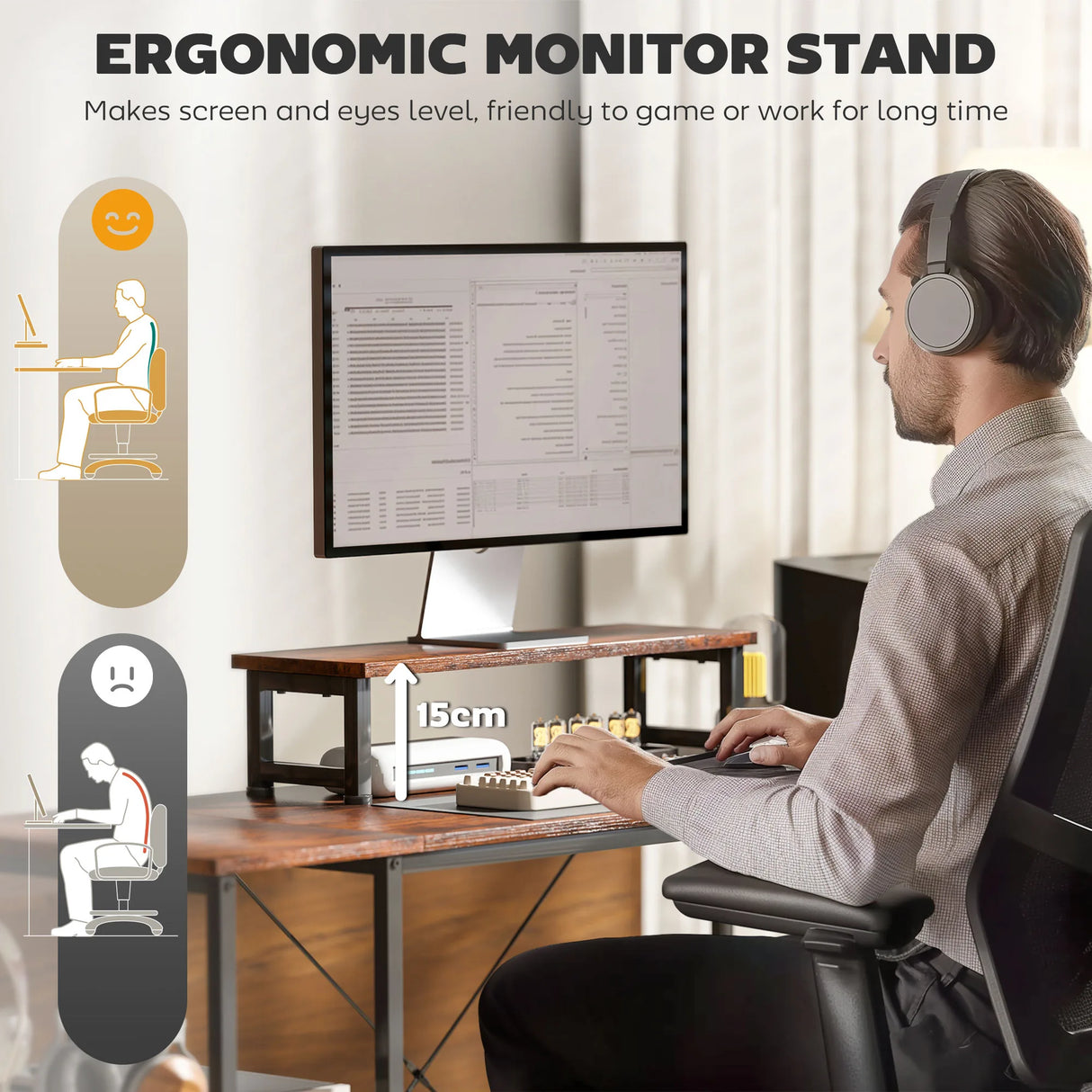 HOMCOM 168cm Reversible L Shaped Desk, Industrial Corner Computer Desk with Adjustable Shelf and Storage Bag, 240cm 2 Person PC Table with Monitor Stand, Rustic Brown