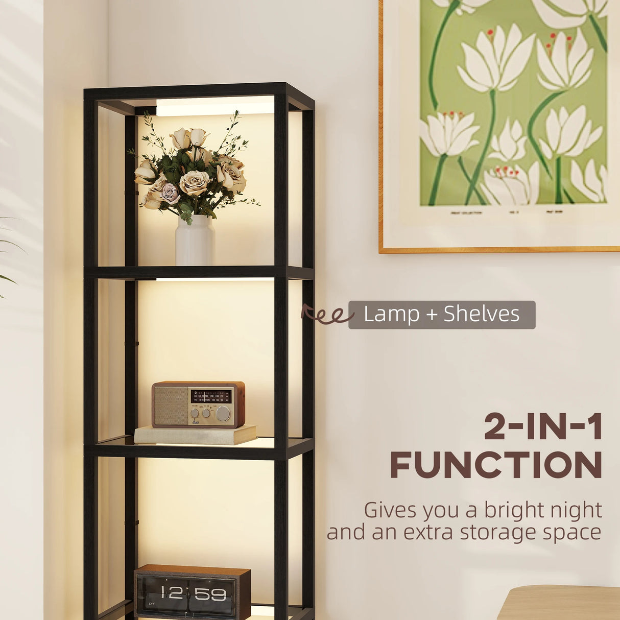 HOMCOM LED Floor Lamp with Glass Shelves, 4 Layers Dimmable Tall Standing Lamp, Modern Column Shelf Floor Light for Living Room, Bedroom, Office, Black