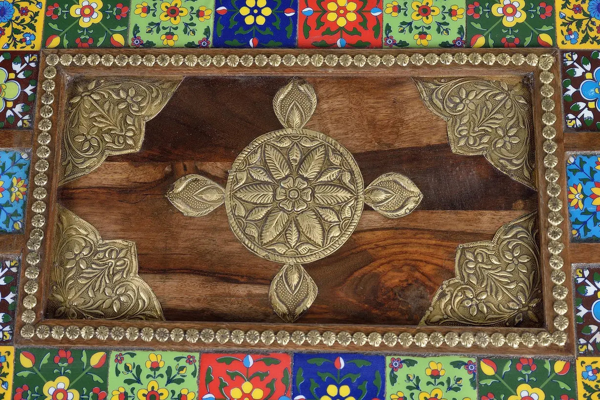 Giner and Colomer - Rosewood Coffee Table With Glass Top & Bronze/Ceramic Details