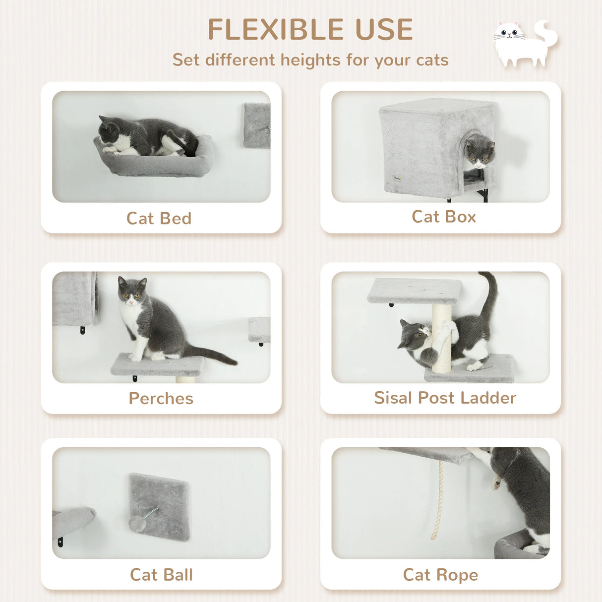 PawHut 6-Piece Cat Wall Shelves Set with Condo, Cat Wall Furniture with Platforms, Sisal Scratching Post, Bed, Toy Ball, Grey