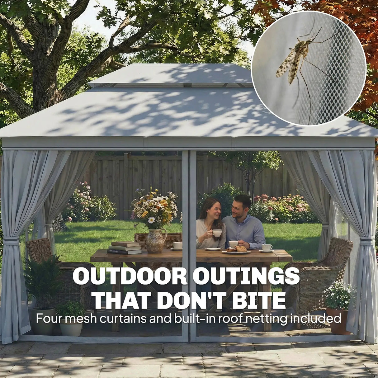 Outsunny 3 x 4 m Outdoor Garden Gazebo with Netting and Curtains, UPF50+ Patio Gazebo Permanent Pavilion Canopy, Dark Grey