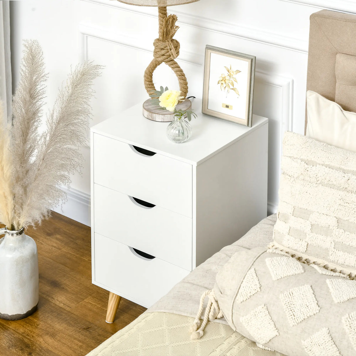 HOMCOM Bedside Table, Bedside Cabinet with 3 Drawers, Side End Table with Pine Wood Legs for Bedroom Living Room, White