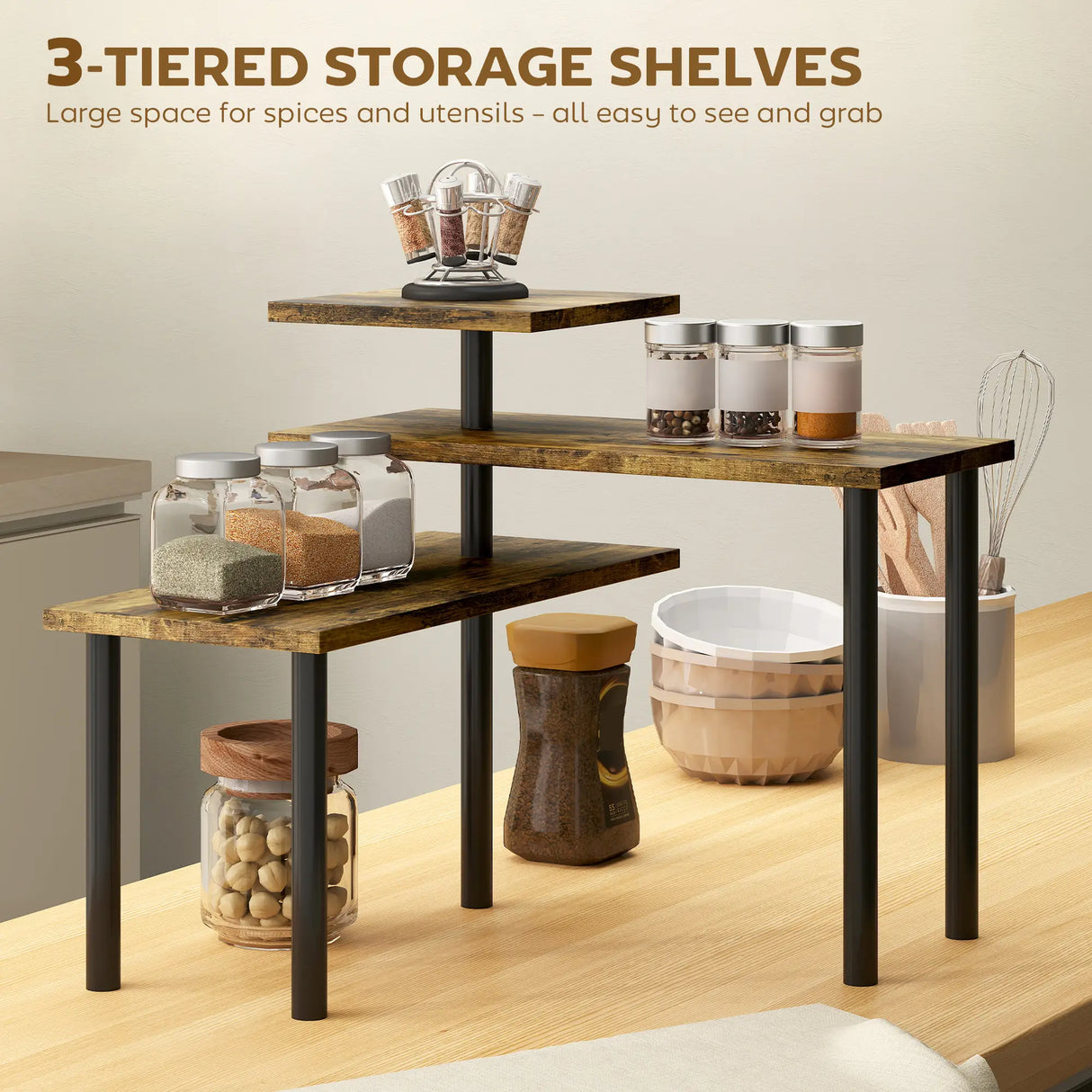 HOMCOM 3-Tier Kitchen Countertop Organiser, Adjustable Spice Rack, Corner Shelf for Kitchen, Coffee Bar, Bathroom, Rustic Brown