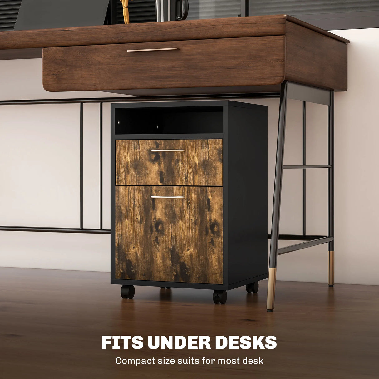 HOMCOM 60cm Filing Cabinet with Drawer, Open Shelf, Metal Handles and 4 Wheels, Office Home Organiser Mobile Printer, Rustic Brown