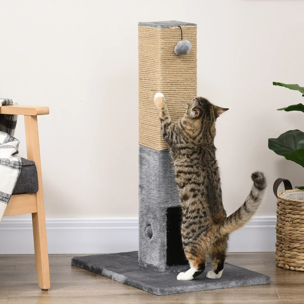PawHut Cat Tree Scratching Post for Indoor Cats 79cm Jute Scratcher Climber w/ Carpet Base Dangling Toy Grey