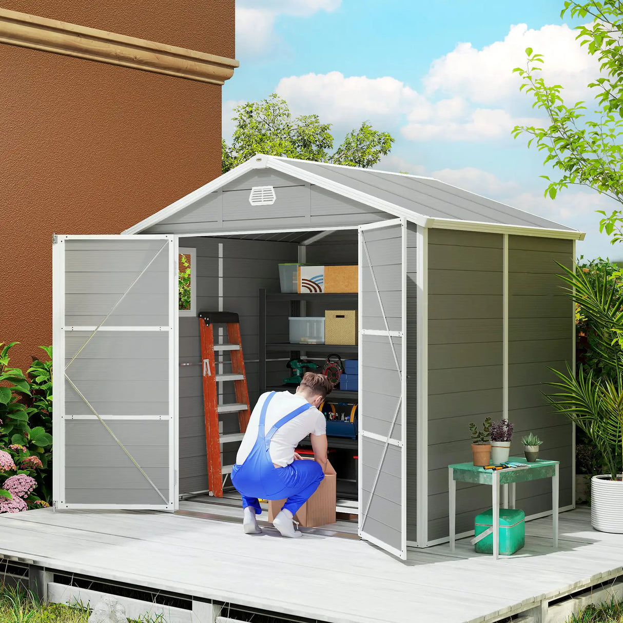 Outsunny 7.9ft x 6.2ft Aluminium Frame and Plastic Wall Shed, with Foundation - Light Grey