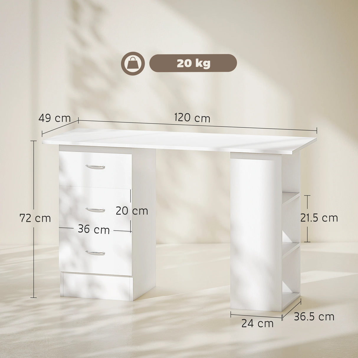 HOMCOM Computer Desk, Writing Table, PC Workstation with 3 Storage Shelves and Drawers, Silver Handle, for Home Office, White