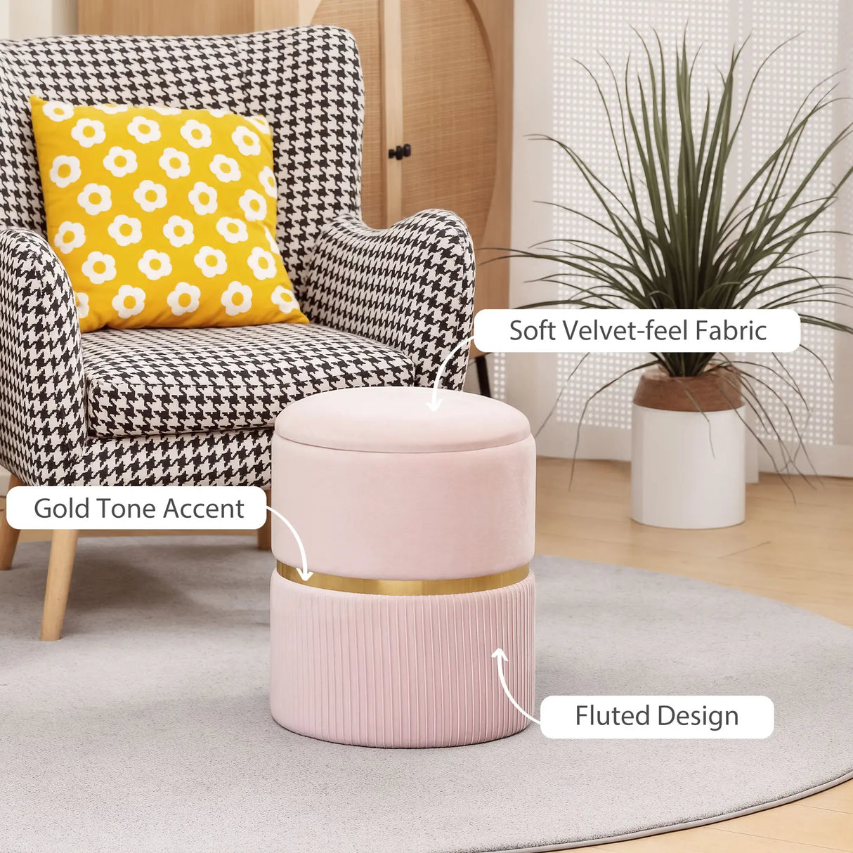 HOMCOM Velvet-Feel Storage Ottoman - Pink