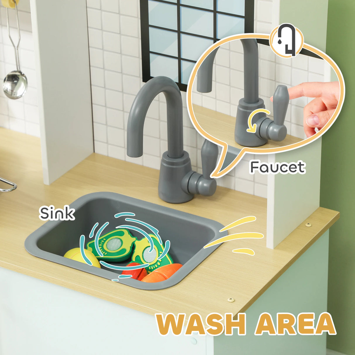 AIYAPLAY Pretend Play Kitchen, Kids Kitchen Playset with Light & Sound Stove, Turning Knobs, Cooking Accessories