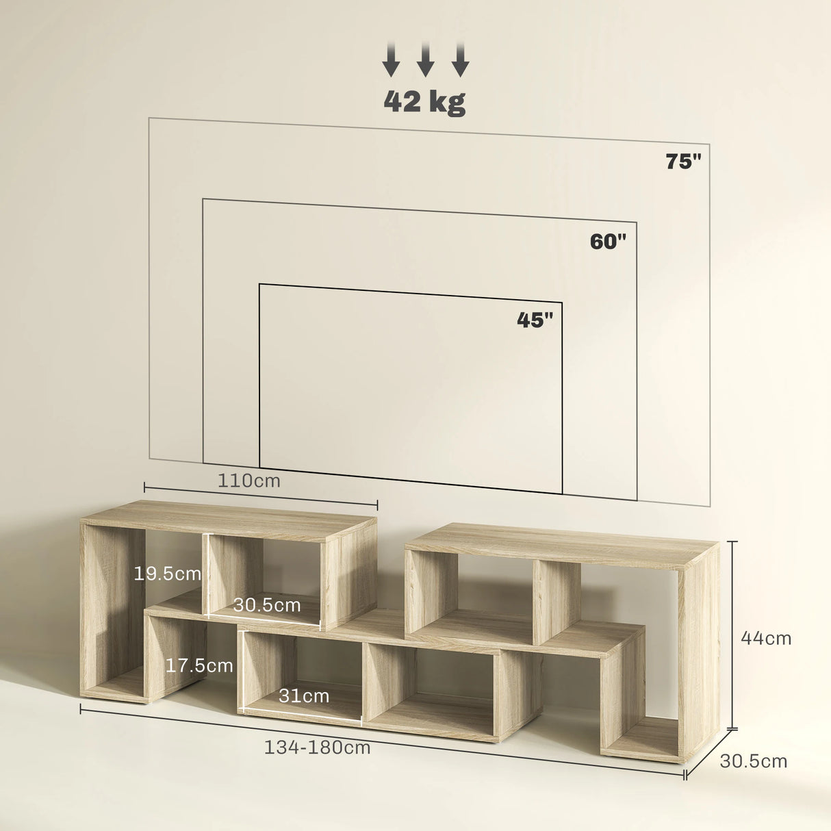 HOMCOM Three-Block Modular TV Stand - Grey Wood-Effect