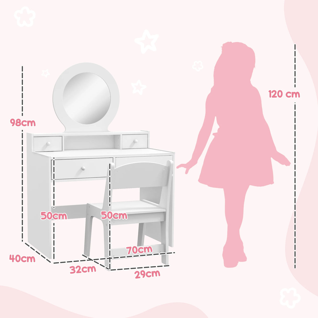 AIYAPLAY Kids Dressing Table Set Kids Make up Table with Stool and Mirror, Storage Drawers, Gift for Aged 3-8